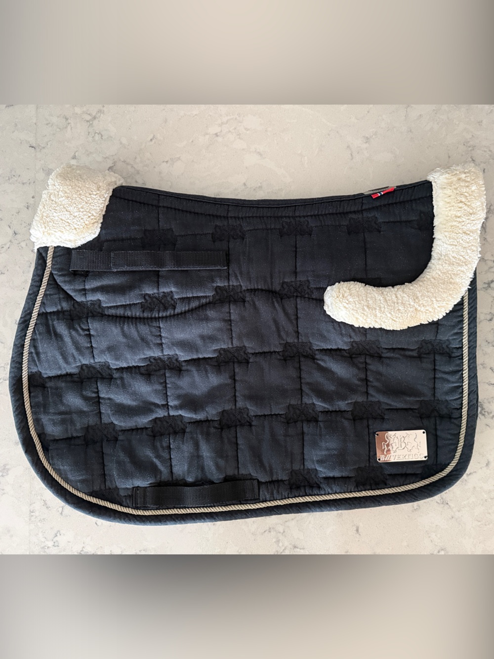 Equestrian Saddle Pad with Cream Sherpa Trim - Black